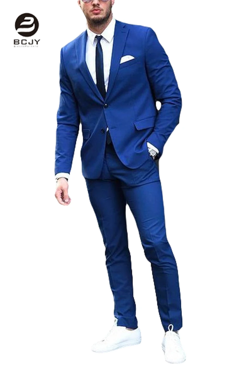 2 Buttons Notch Lapel Royal Blue Men Suits 2 Pieces Slim Wedding Suits for Men Groomsmen Suit Business Suits (Jacket+Pants+Tie)
