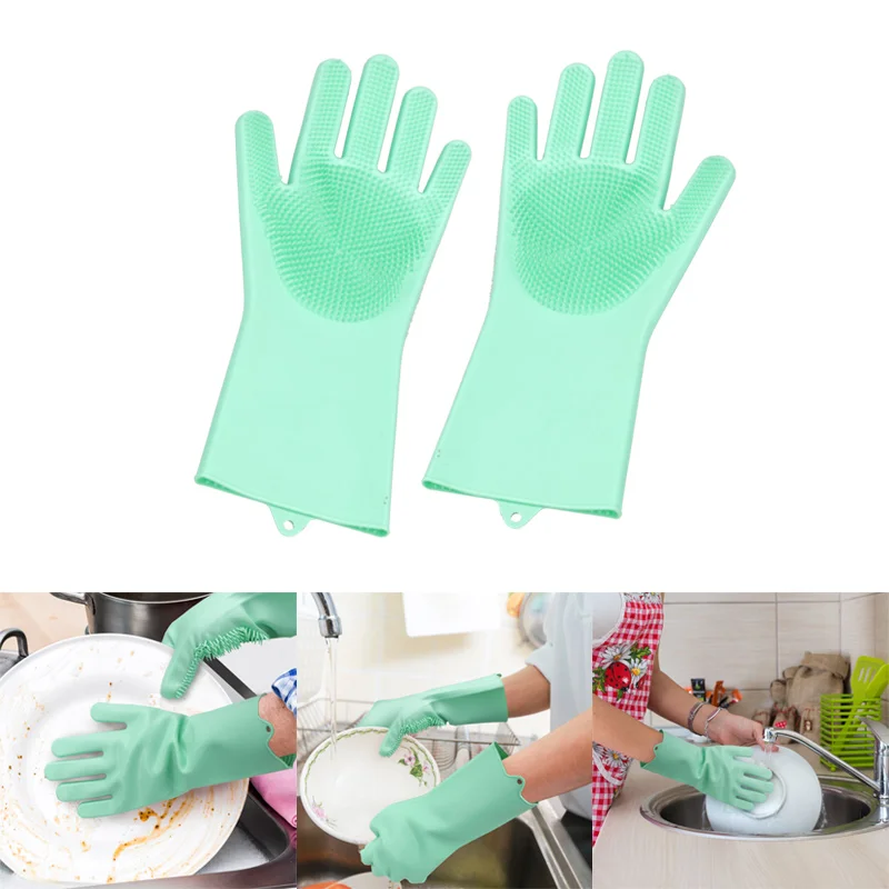 1 Pair Magic Silicone Rubber Dish Washing Gloves Eco Friendly Scrubber
