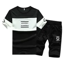 Lncdis мужские летней одежды для отдыха модные Цвет столкновения короткий рукав шорты для девочек тонкие спортивные комплекты Q1