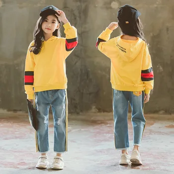 

Girls Clothing Set 9-12 Years Autumn Hooded Casual Sports Hoodies 2 PCS Set (Hoodie+ Denim Pant) Fashion Stripes Hoodies Suits