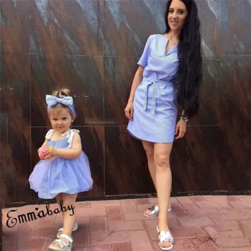 

New Mother and Daughter Dress Fashion Matching Women Kid Girls Family Stripe Clothes Casual Dress