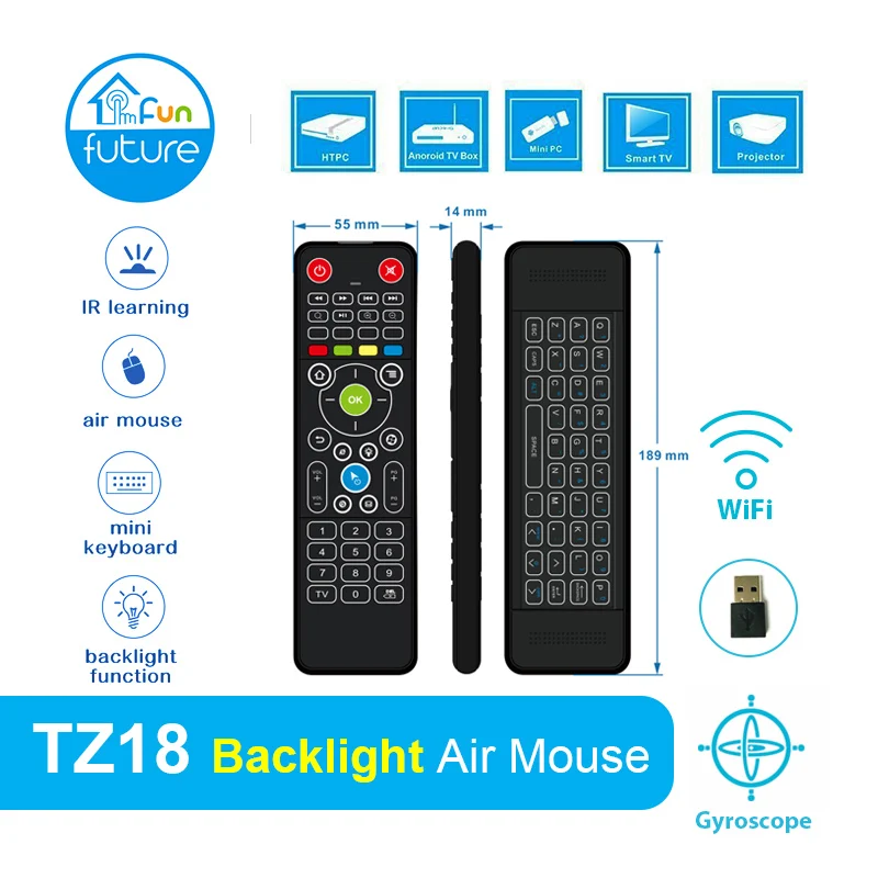 

TZ18 Backlight Air Mouse Wireless Mini Keyboard Double-side Handheld Remote Control 6-Axis Sensor Gyroscope for Android TV Box