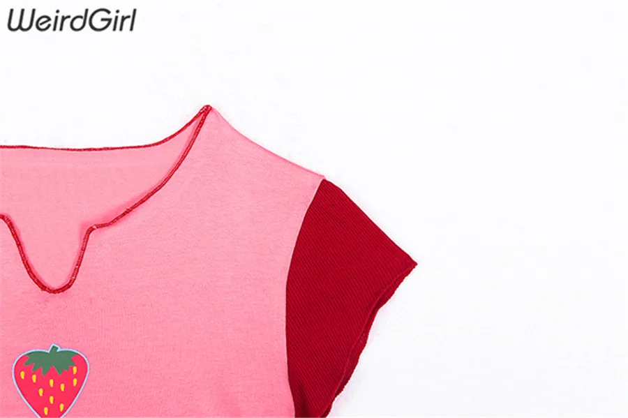 Weirdgrirl, женская футболка, клубника, милая, короткий рукав, модные женские топы, красный, розовый, пэчворк, уличная одежда, летняя, крутая, новинка