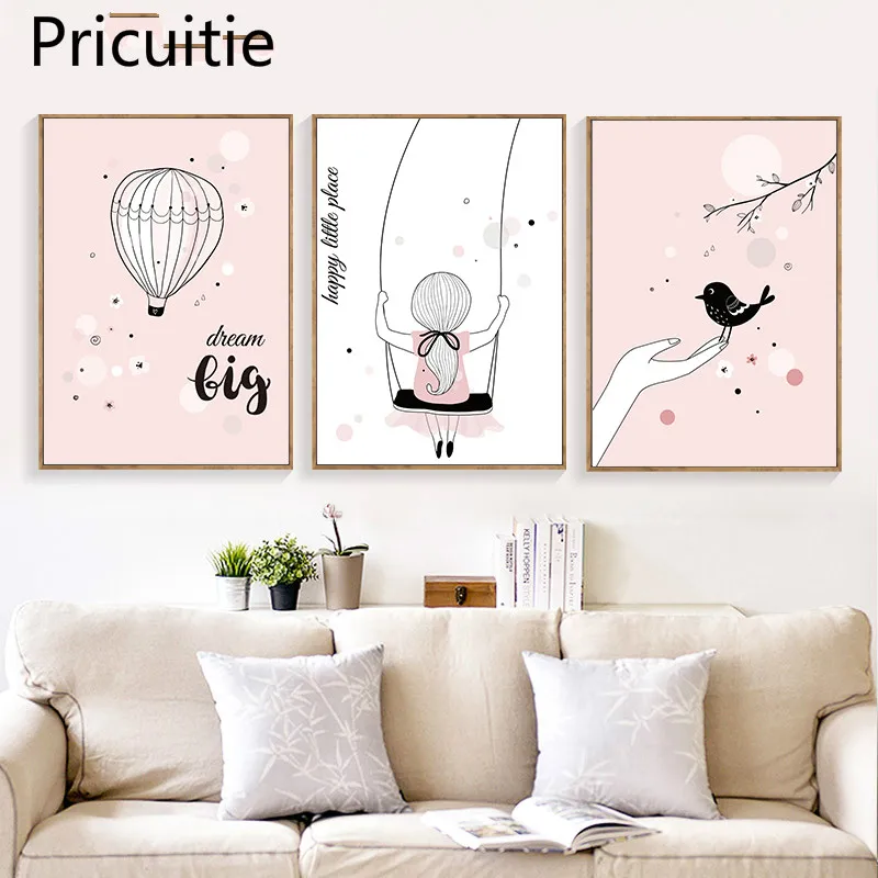 

Cartoon Pink Girl Art Canvas Painting Prints Kawaii Bird Posters Pictures For Baby Room Nursery Home Decor Childern Gift