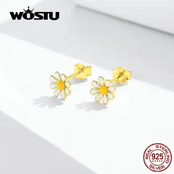

WOSTU Daisy Flower Stud Earrings 100% Real 925 Sterling Silver Gold Color Small Earrings For Women Fashion 925 Jewelry FNE203
