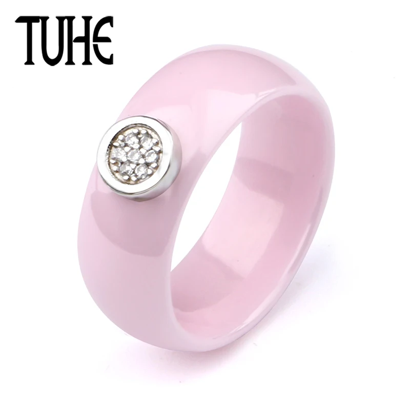 

Lovely Pink Ceramic Ring 8MM Wide With Round Metal Women Wedding Engagement Ring Classic Black White Color Size 6/7/8/9/10/11/12