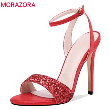 

MORAZORA plus size 46 women sandals buckle simple summer shoes solid colors sexy super high heels party wedding shoes woman