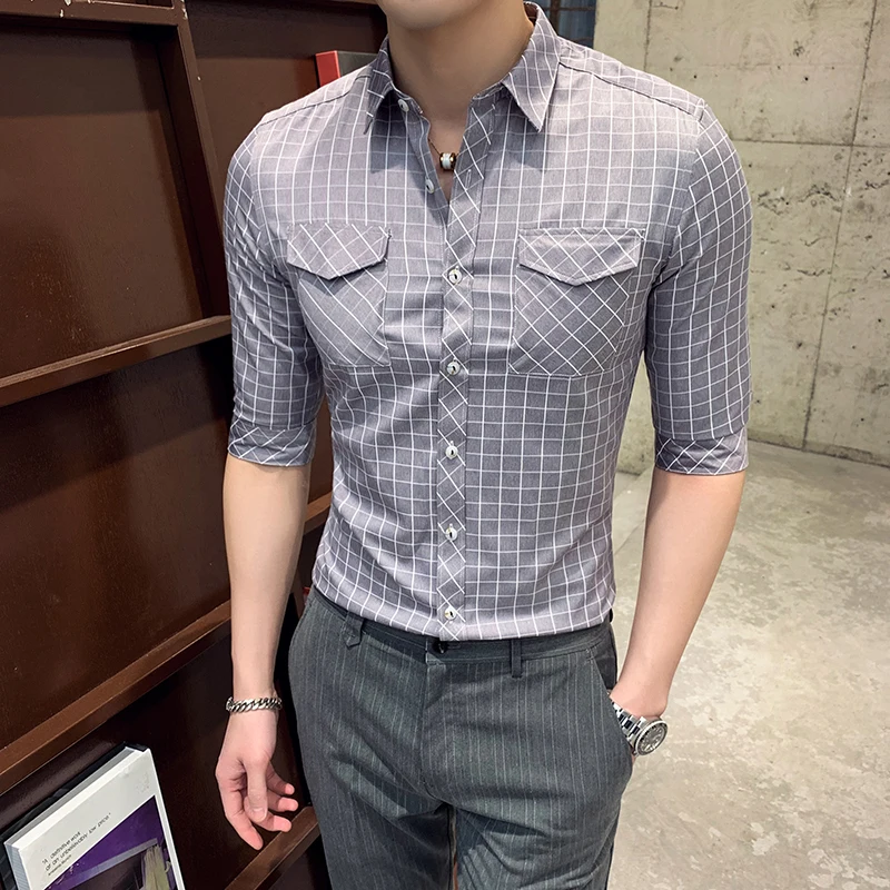

Plaid shirt men's self-cultivation free hot tide 2019 spring and summer new Korean business casual men's shirt