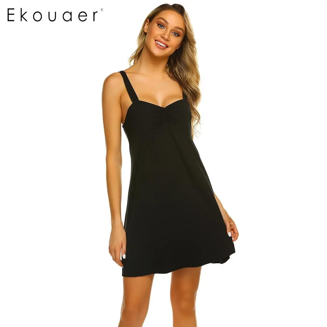 Ekouaer, женская сексуальная ночная рубашка, одноцветная, v-образный вырез, без рукавов, спереди, плиссированная, высокая талия, слинг, ночная рубашка, женское белье, одежда для сна - Цвет: Black