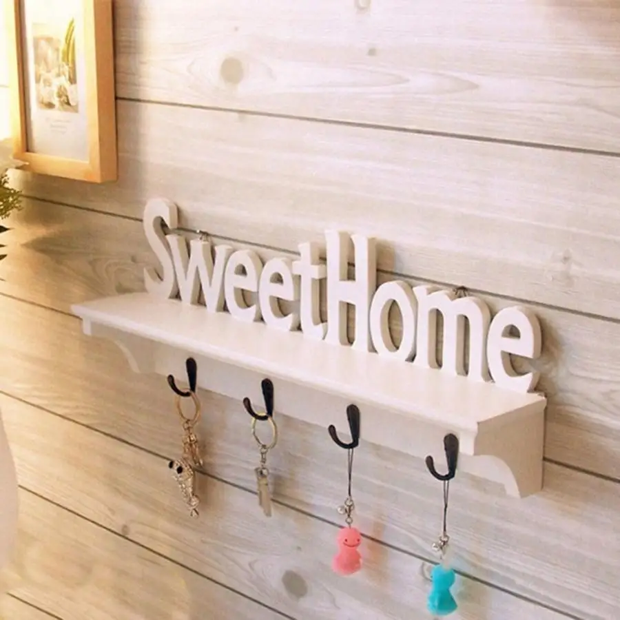 

"Sweet Home" Shelves Hat Key Holders 4 Hooks Storage Shelf Hanging Hooks Wall Mounted Storage Holder Rack Hanger Home Decor