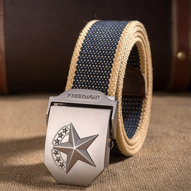

Fashion Men's Tactical Canvas Belts 3D Red Star Automatic Buckle Belts Male Casual Strap Waist of Trousers Luxury Belt 110-130CM