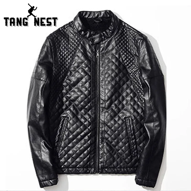 TANGNEST/2019 модная клетчатая дизайнерская мужская кожаная куртка тонкий воротник