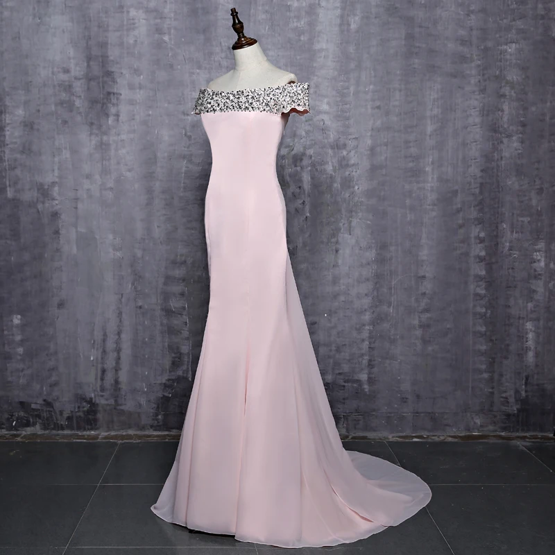 Elegant Short Sleeves Pink Beaded Mermaid Long Bridesmaid Dress