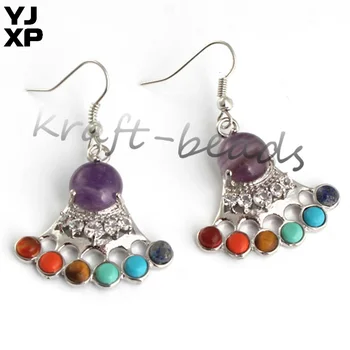 

YJXP Silver Plated Unique 7 Chakra Reiki Natural Stone Rhinestone Earrings For Female Fashion Jewelry