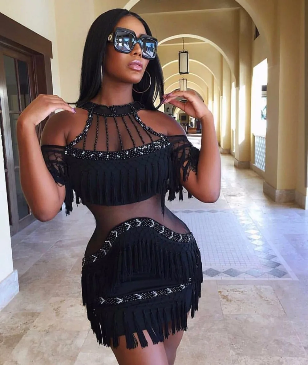 

Top Quality Women Sexy Tassel Beading Black White Rayon Bandage Dress 2017 Elegant Celebrity Party Dress