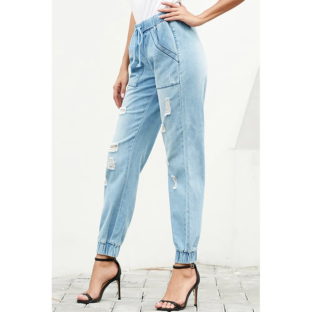 Модные однотонные джинсы, брюки, тонкие женские рваные повседневные джинсы с высокой талией, обтягивающие отбеленные узкие брюки