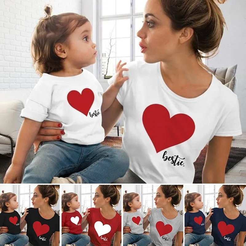 

Pudcoco 2019 Fashion Family Matching Clothes Mother Daughter Tshirt Kids Matching Set Heart T-shirt Womens Girls Summer Outfit