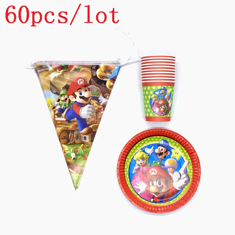 

60Pcs/lot Super Mario Theme Paper Cups Plates Flag Baby Shower Banners Mario Boys Girl Birthday Theme Party Decoration Supplies
