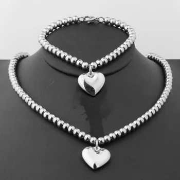 

Women's Jewelry Silver Stainless Steel 6mm Beads Ball Handmade Solid Heart Charm Necklace Bracelet Set
