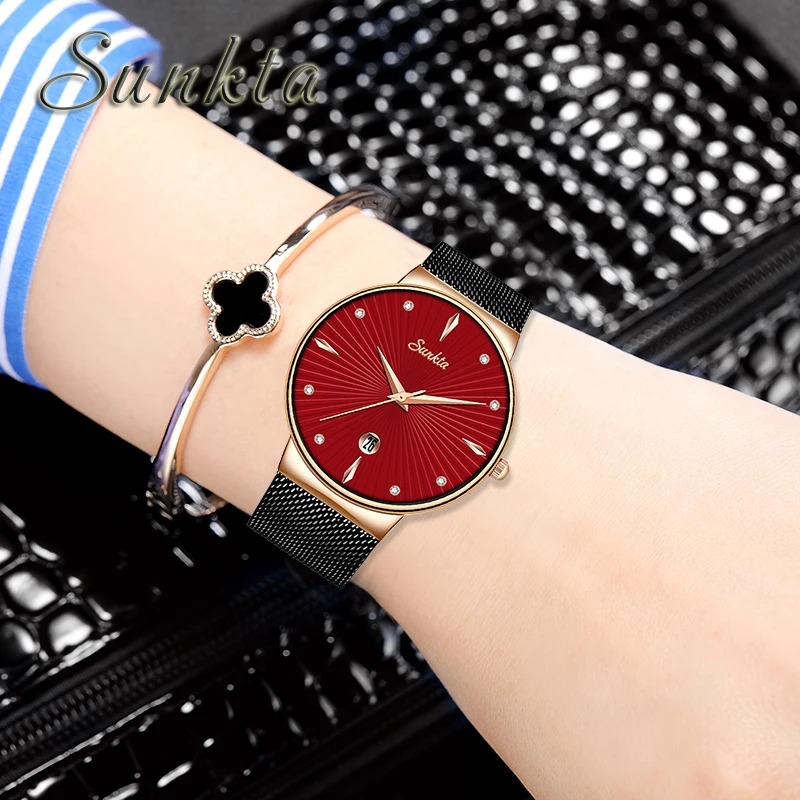 Montre Femme современные модные черные кварцевые часы женские сетчатые браслеты из