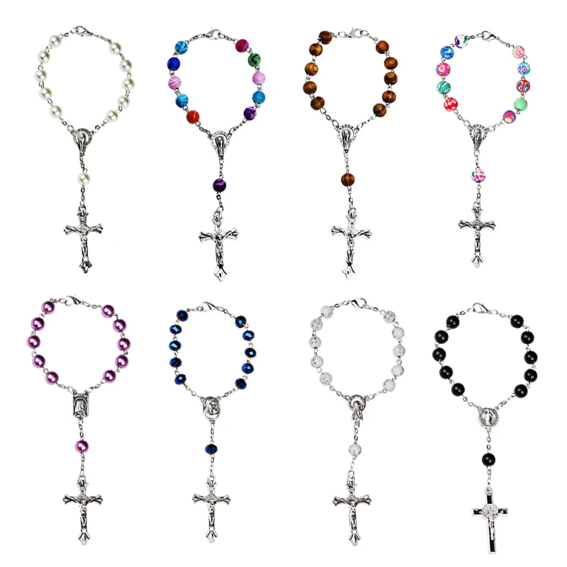 

1pc New Fashion Handmade Round Acrylic Bead Catholic Rosary Beaded Cross Bracelets Beads Religious Pendants Strand Bracelets