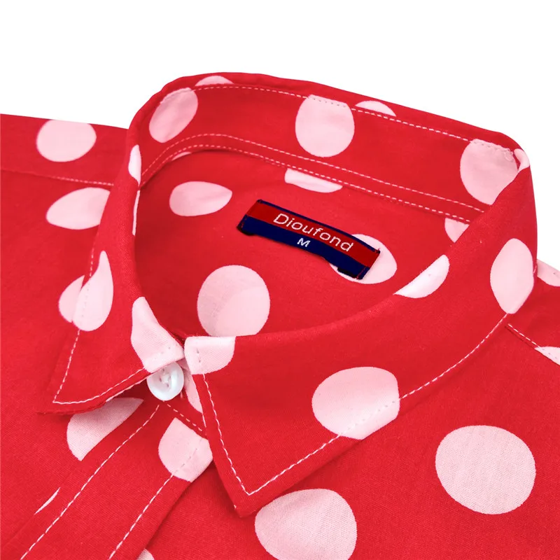 Dioufond Red Polka Dot Women Shirts Formal Work Ladies Blouses Cotton Long Sleeve Vintage Shirt Plus Size Tops Fashion Clothes