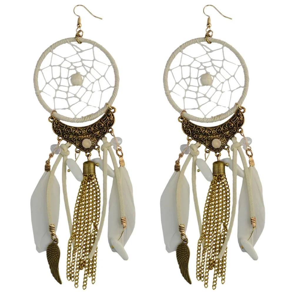  Dream Catcher Big Long Tassel Dangle Earring Bohemian Feather Rope Wrap Drop Earrings Women Ethnic Tribal Jewelry ET7 (10)
