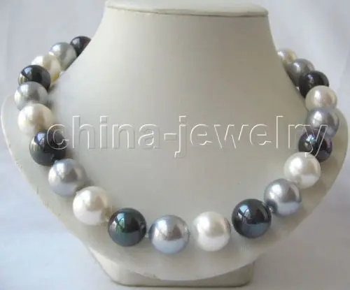 

Beautiful 18" 16mm perfect round white gray black south sea shell pearl necklace@^Noble style Natural Fine jewe FREE SHIPPING ##