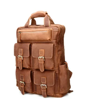 

High Quality Vintage Cowhide Men's Fashion Pockets Backpack Genuine Leather Casual Double Shoulder Bag Large Travel Satchel Bags