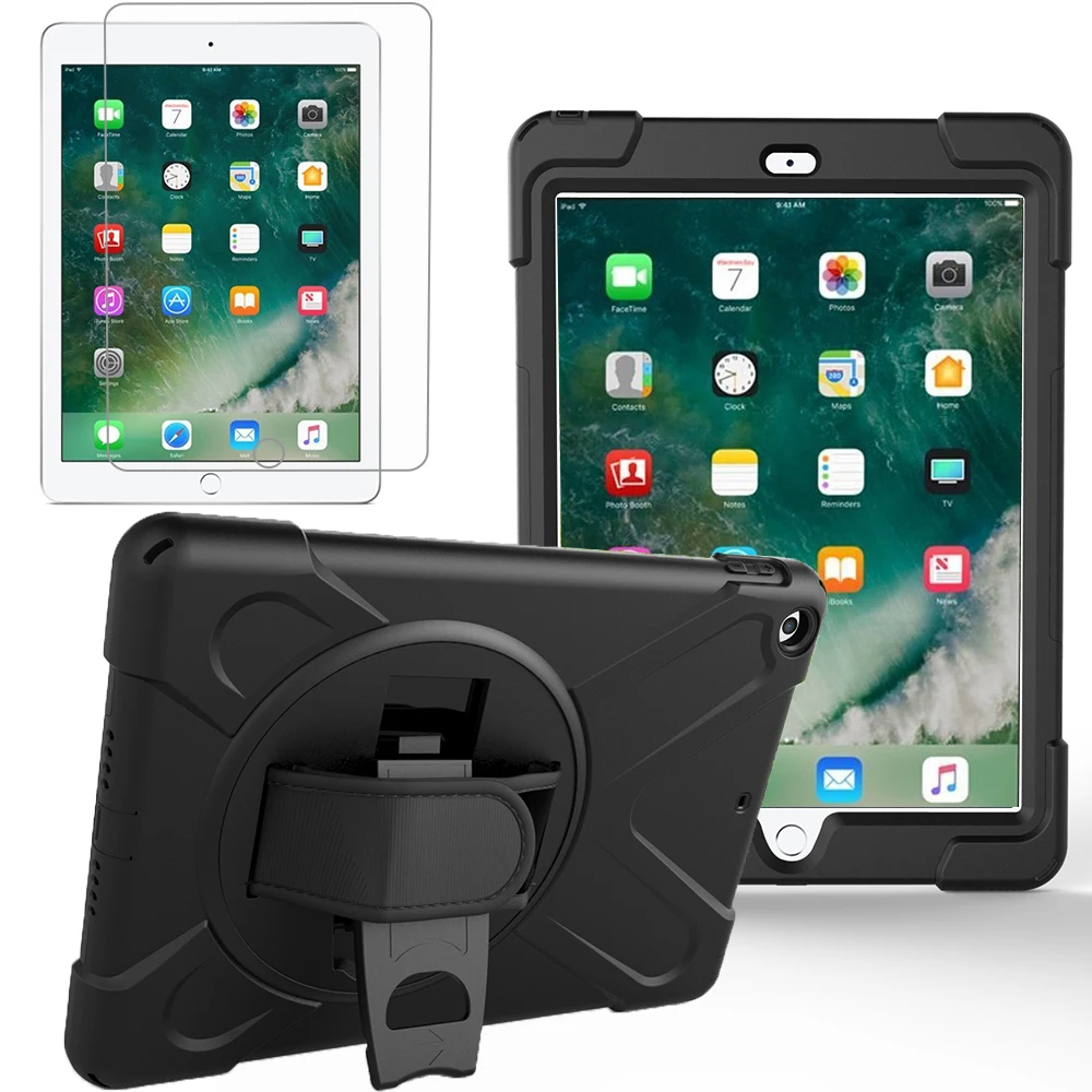 Для нового iPad 9,7 прочная подставка противоударный чехол с защитой экрана с поворотным на 360 градусов ремешком на руку