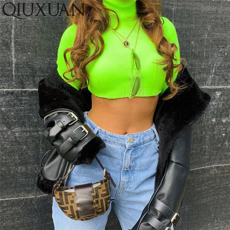 

Qiuxuan Bright Fluorescent Green Women Knit Tees Spring Autumn Fashion High Neck Slim Fit Long Sleeve T-Shirts Female Crop Tops