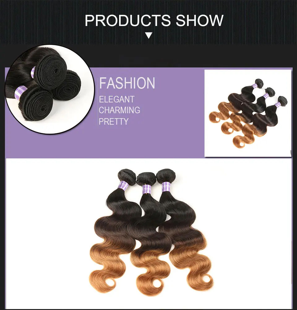 ALIMICE Ombre Indian Hair Body Wave Hair 3 Bundles T1B430 Ombre Human Hair Weaves Bundles Three Tone Non Remy Hair Extensions (14)