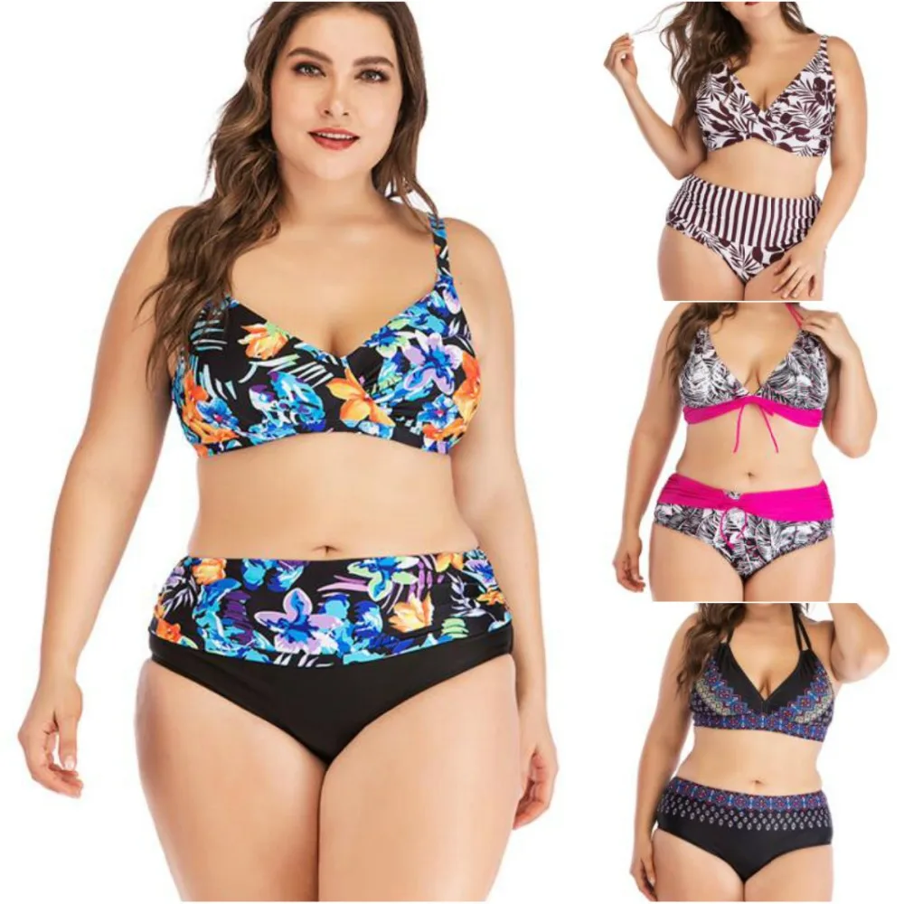 

Plus Size Women Bathing Suit Two Piece Large Push Up Bikini Floral Swimwear Cross Bandage Vintage High Waist Female Swimsuit 5XL