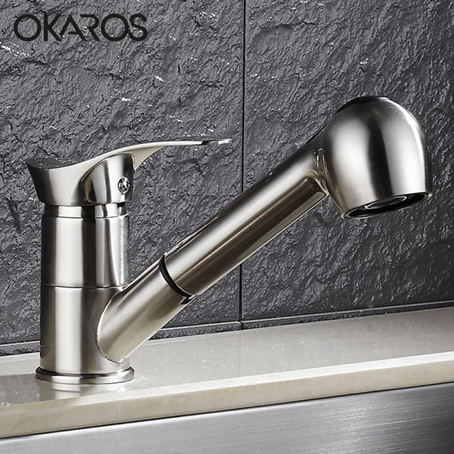Cheap OKARO Nickel Brushed Kitchen Faucet Pull Out Down Basin Faucet Chrome Black with Dot Faucet Water Tap Mixer grifo de la cocina Cheap OKARO Nickel Brushed Kitchen Faucet Pull Out Down Basin Faucet Chrome Black with Dot Faucet Water Tap Mixer grifo de la cocina