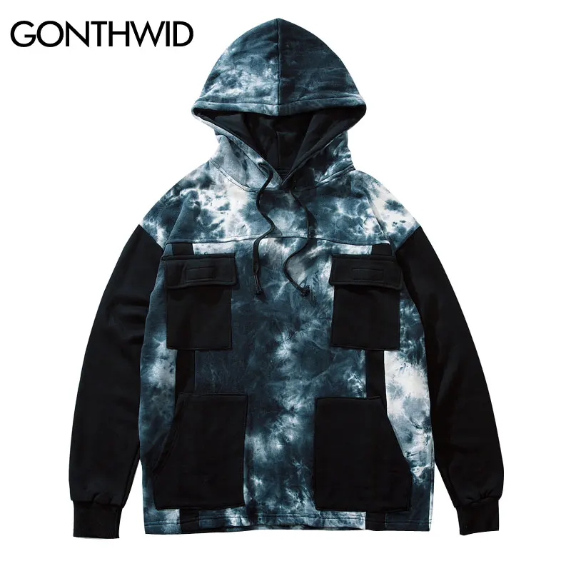 

GONTHWID Multi Pockets Tie Dye Color Patchwork Pullover Hoodies Hooded Sweatshirts Men Hipster Hip Hop Casual Hoodie Streetwear