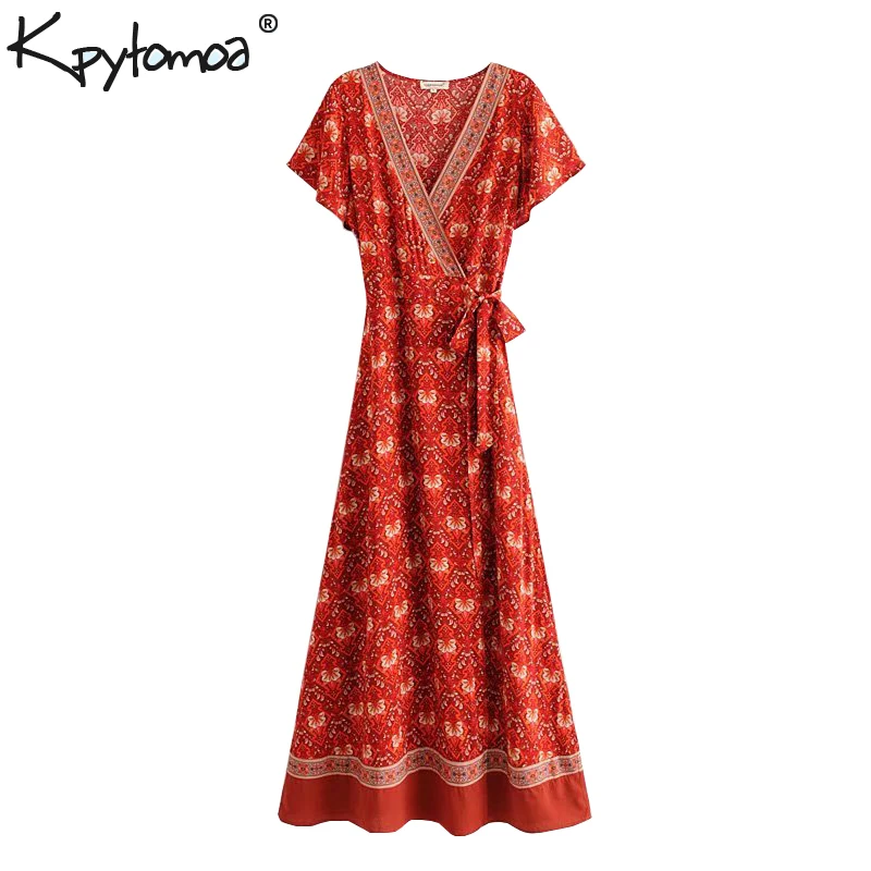 

Boho Chic Summer Vintage Floral Print Wrap Long Dress Women 2019 Fashion V Neck Bow Tie Sashes Maxi Beach Dresses Vestidos Mujer