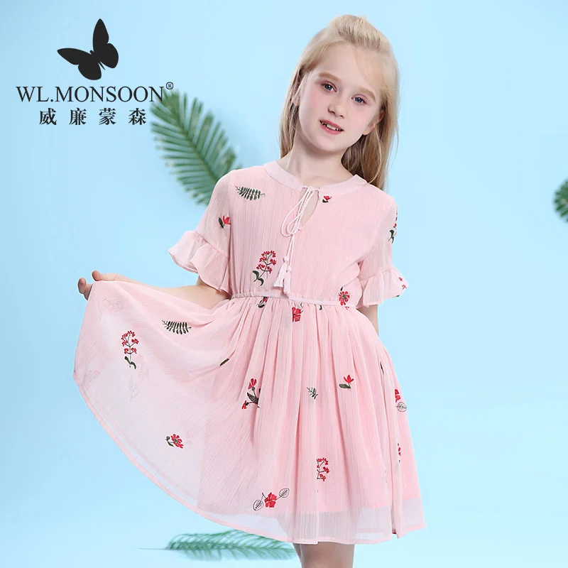 

Brand Girl dress wear girls 2019 new summer dress children's short sleeve floral dress big girls holiday chiffon clothes