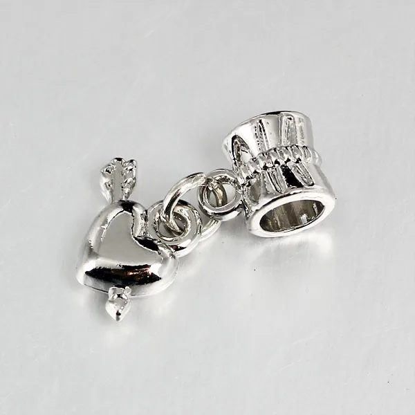

free shipping 1pc silver european heart with arrow haning bead charms fit style bracelet PCW006