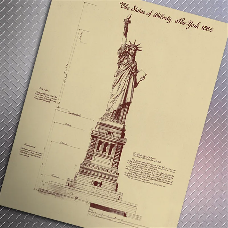 Bar Home Decor Vintage the Statue of Liberty in New York 1886 Design Drawings Poster Retro Kraft Paper 51x35cm Wall Sticker wall stickers home decor posters