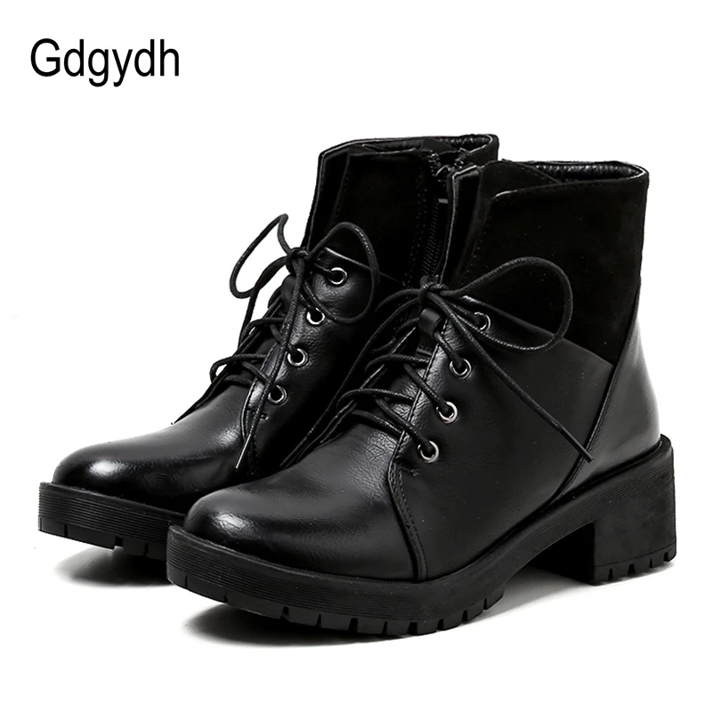 

Gdgydh 2018 New Autumn Platform Boots Women Motorcycle Boots Round Toe Female Leather Square Heels Lacing Casual Shoes Spring