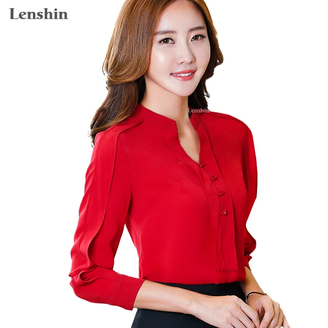 Buy Lenshin Loose Style Chiffon Shirt Red Women Draped Blouse Elegant V neck