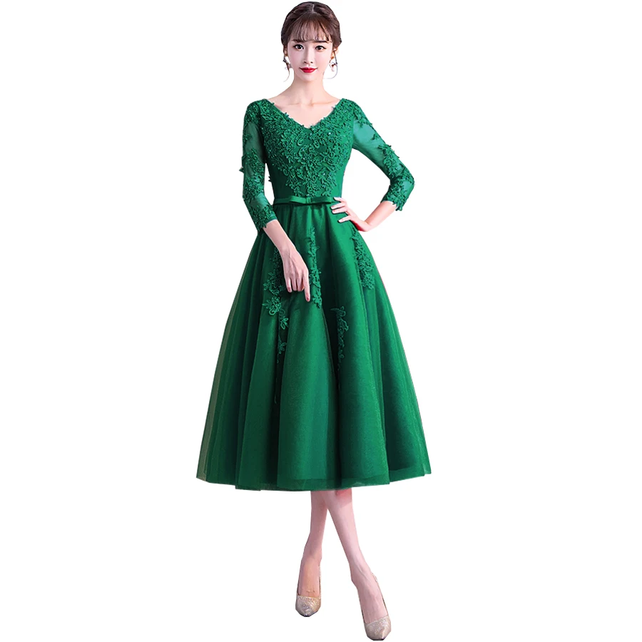 2019 New Evening Dress Long Sleeved Tea-Length Prom Gowns V-Neck Tulle Applique Formal Party Dresses Vestido de Festa