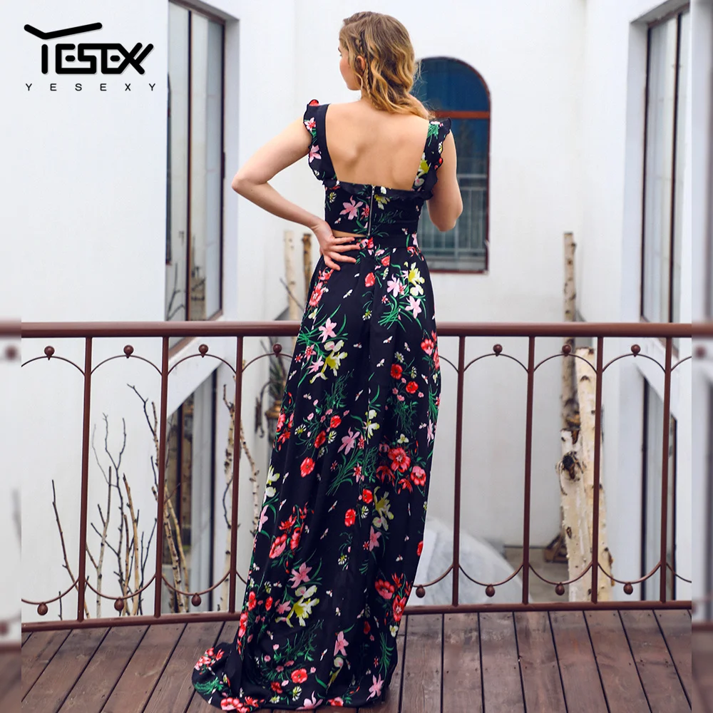 Yesexy 2019 Summer Women Beach Maxi Dress Sleeveless Ruffles Short Top 2 Pcs Print Women Set Backless Prairie Chic Dress VR1013 Yesexy 2019 Summer Women Beach Maxi Dress Sleeveless Ruffles Short Top 2 Pcs Print Women Set Backless Prairie Chic Dress VR1013