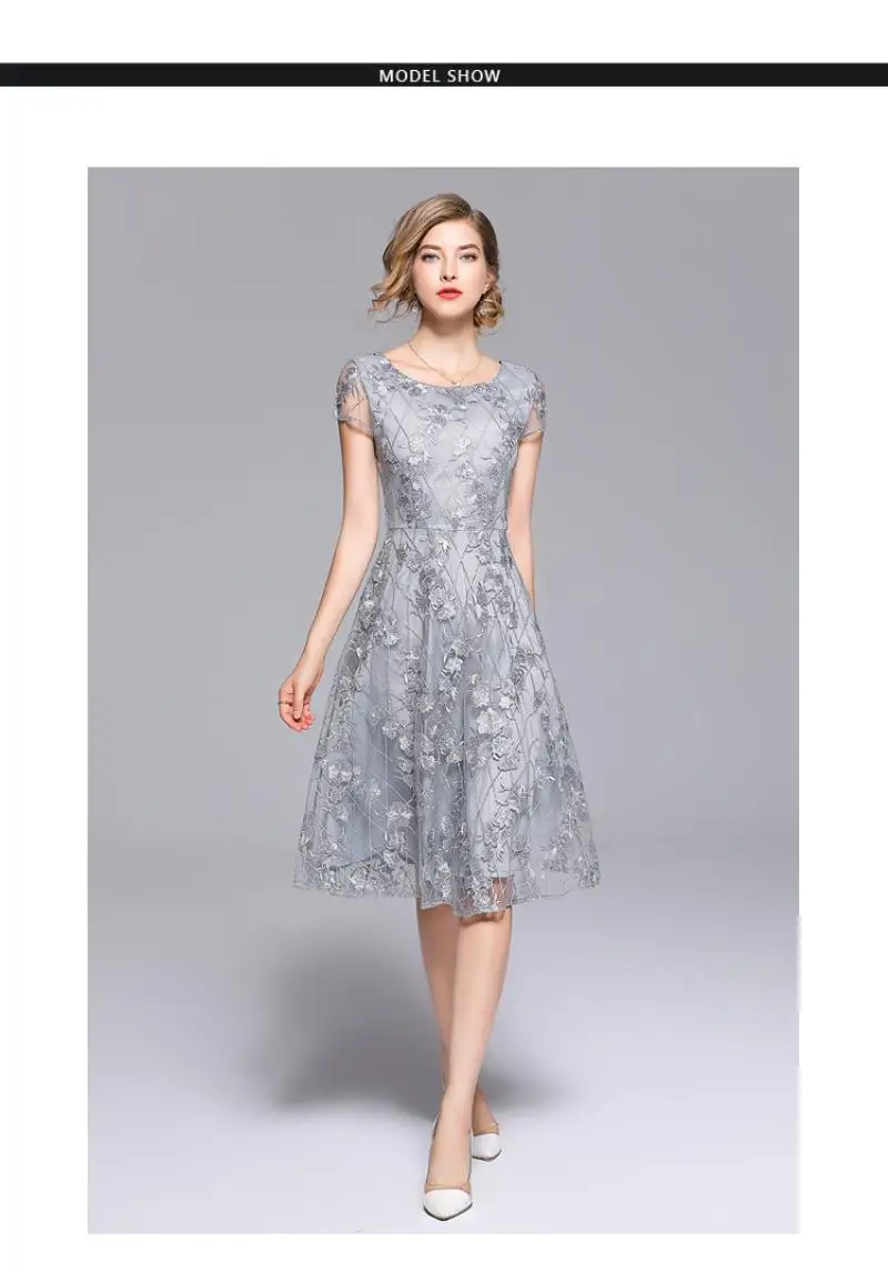 Summer Lace Mesh Embroidery Dress Chiffon Women O-Neck Short Sleeves A-Line Silver Vintage Long Party Elegant Dress Vestidos
