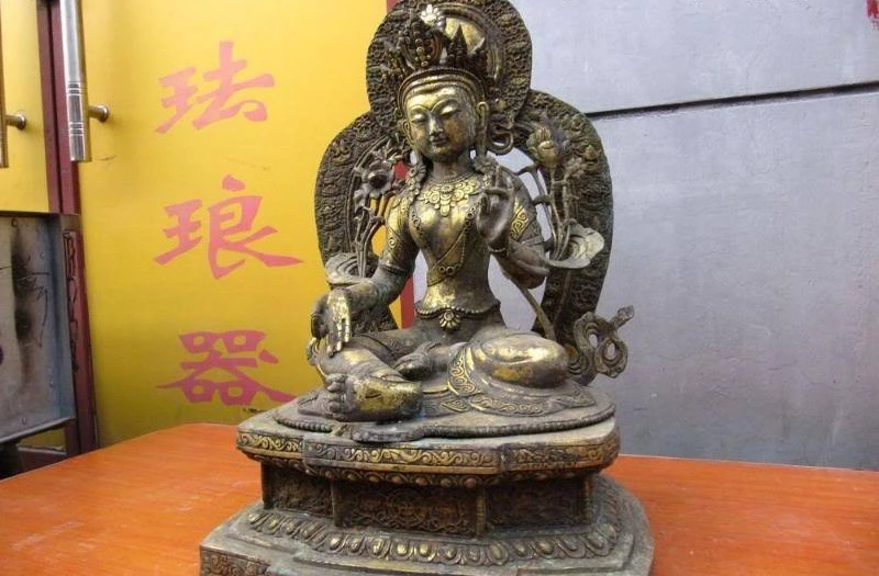 

22"Tibet Buddhism Bronze Copper gild Green TaRa Kwan-Yin Guan Yin Buddha Statue 8.02