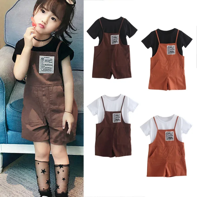 

Children's Clothing Set Girl Short Sleeve Solid T shirt+Strap Shorts Set Cotton Casual Outfits Summer