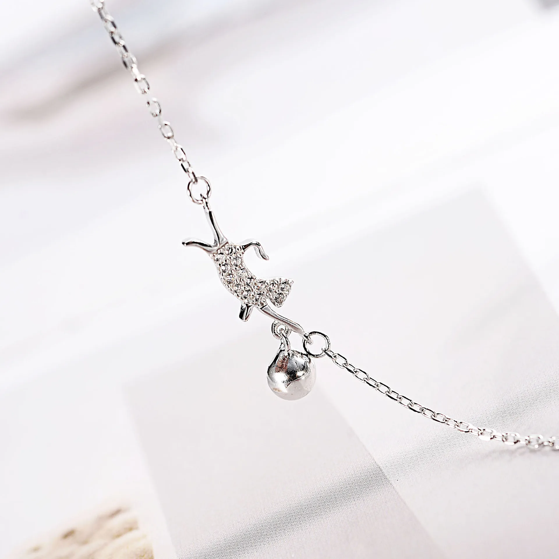 cat bell cz bracelet 100% 925 Sterling Silver Jewelry fashion hypoallergenic bracelets for girl gift