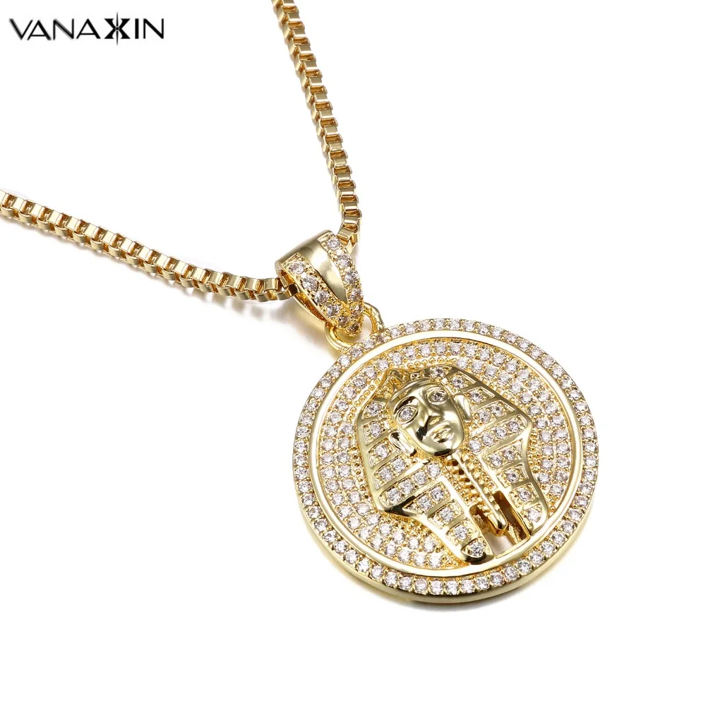 

VANAXIN Punk Egyptian Pharaoh Head Pendant Men Necklace Fashion Gold Color AAA Zircons Iced Out Micro Pave Stone Jewelry Gift