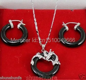 

Hot sale FREE SHIP>>>>Jewellery black STONE natural silver soild dragon pendant necklace earring