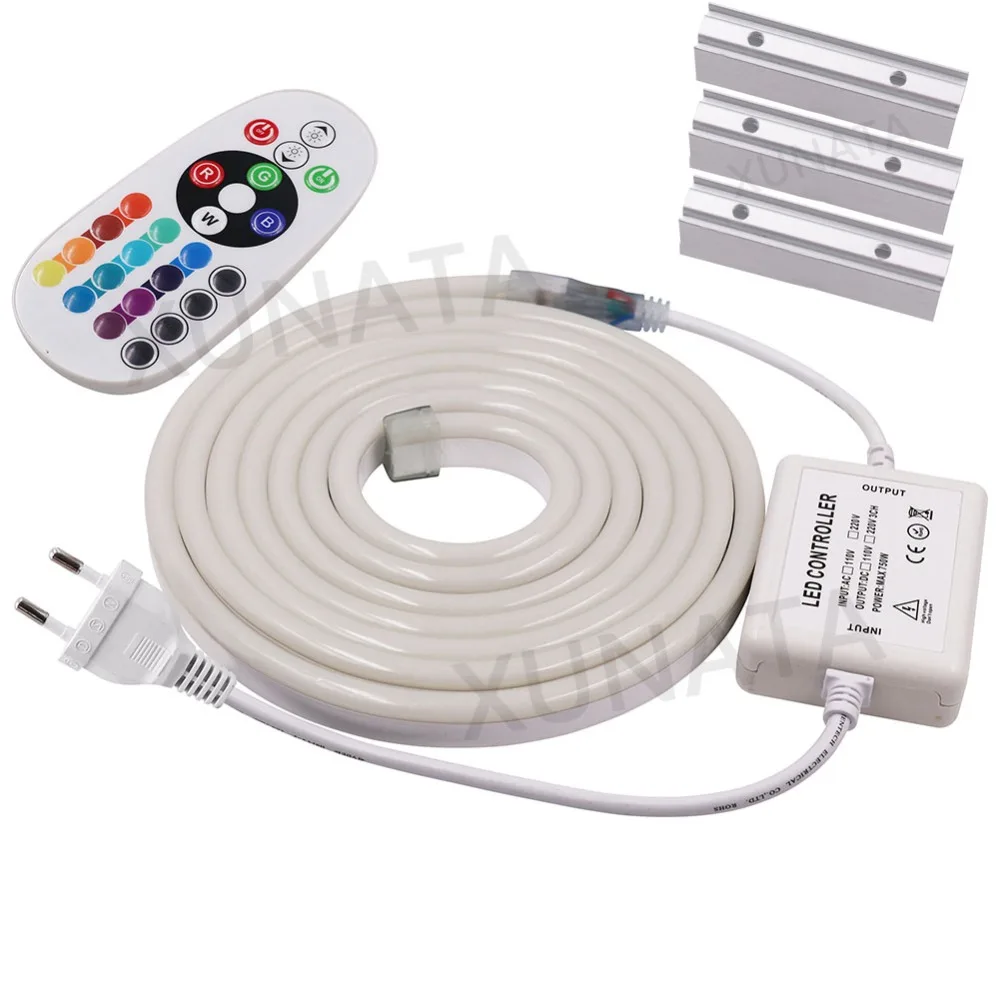 220V 5050 RGB LED Neon strip Light Waterproof Flexible LED Rope+20Key Controller